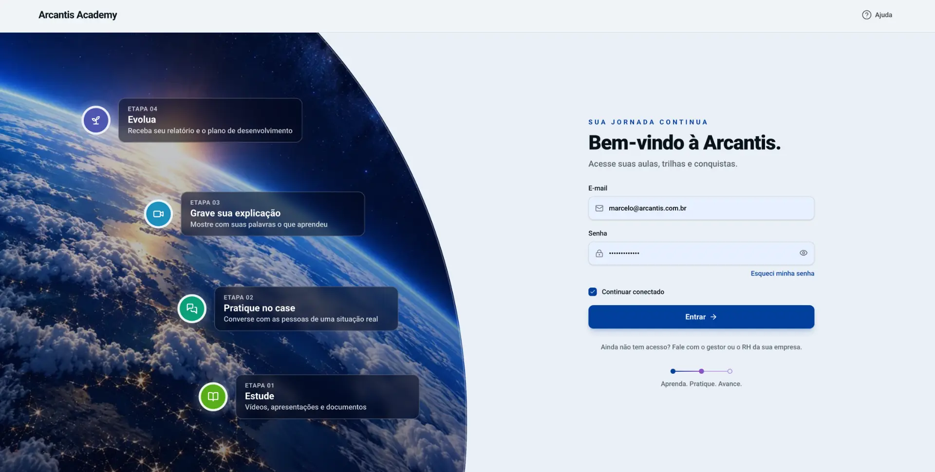 Tela de entrada da Arcantis Academy, com as etapas da jornada — estudar, praticar, explicar e evoluir — ao lado do acesso à conta.