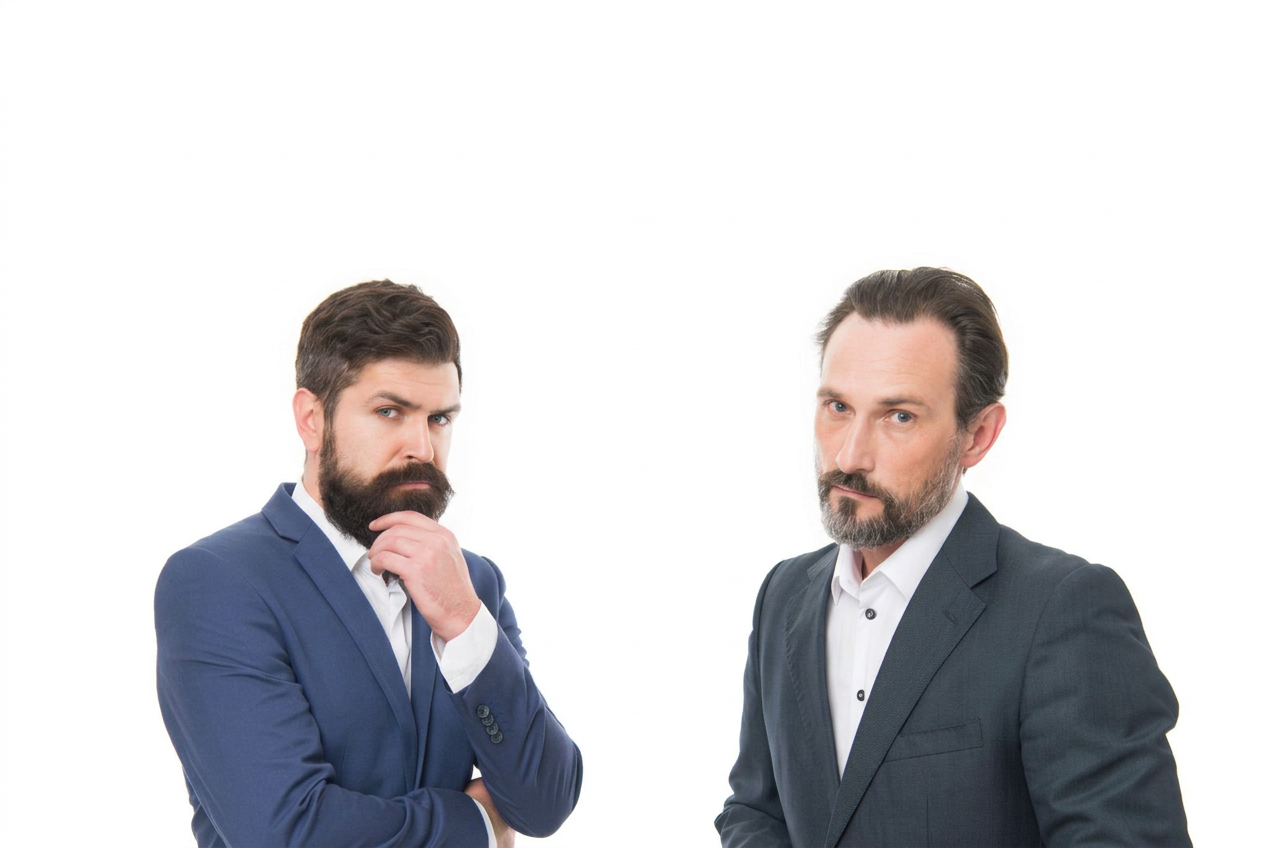 Dois consultores de terno sobre fundo neutro: um avalia com a mão no queixo, o outro observa de braços cruzados.