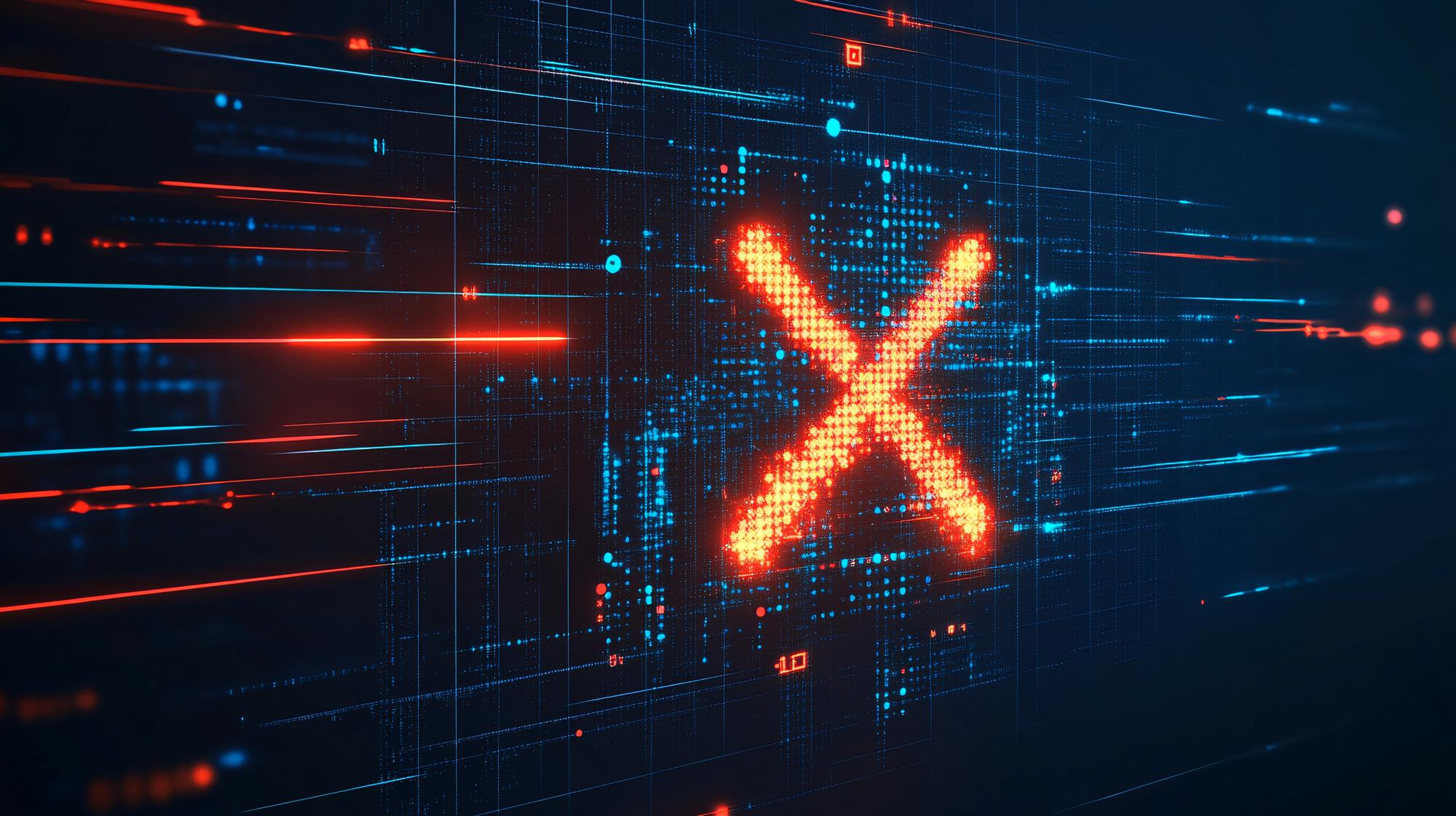 Composição abstrata de grade digital com um X luminoso em tons de vermelho e laranja sobre fundo escuro