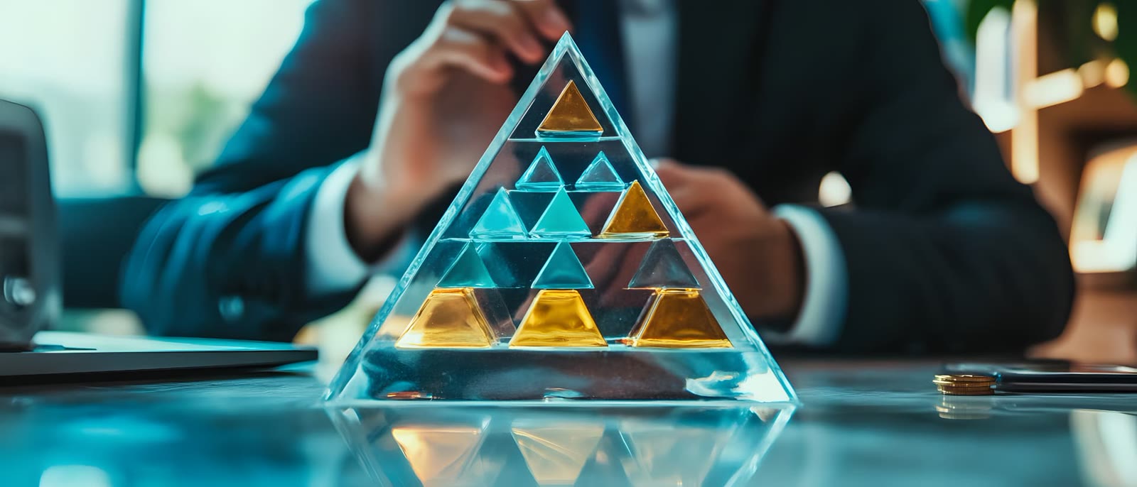 Maquete de pirâmide de vidro com blocos dourados e azuis sobre a mesa de um escritório, com um executivo de terno ao fundo.