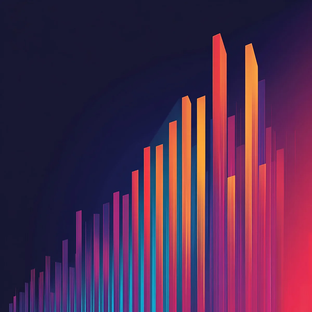 Composição abstrata de ondas e estruturas tridimensionais coloridas em ascensão.