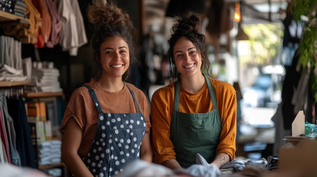 Duas empreendedoras sorrindo atrás do balcão de uma loja de roupas, com araras e prateleiras de produtos ao fundo.