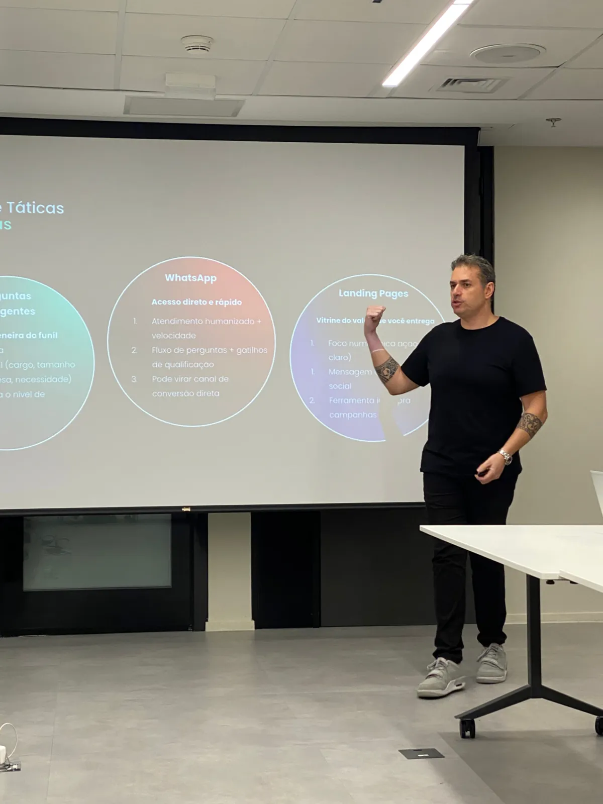 Facilitador apresentando conteúdo de desenvolvimento comercial em tela projetada.