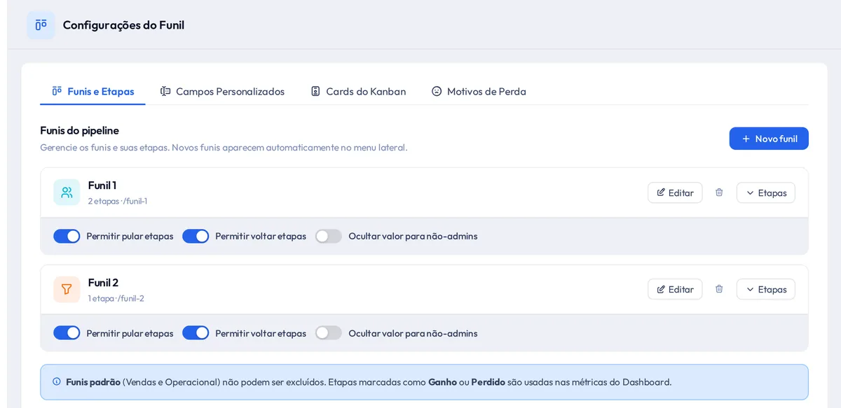 Tela de configuração de funil do CRM Arcantis, com a lista de funis, o número de etapas de cada um e as travas de pular etapa, voltar etapa e ocultar valor para não administradores.