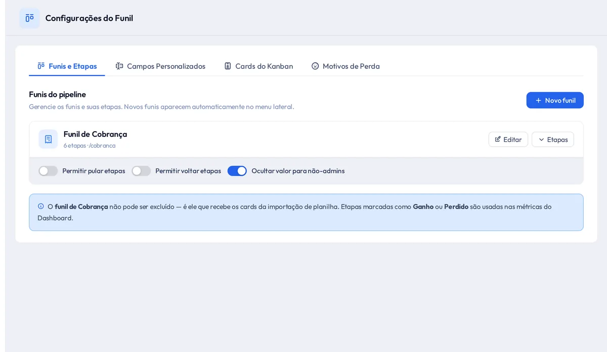 Tela de configuração do funil de cobrança, mostrando o funil com seis etapas e as travas de pular etapa, voltar etapa e ocultar valor para não administradores.