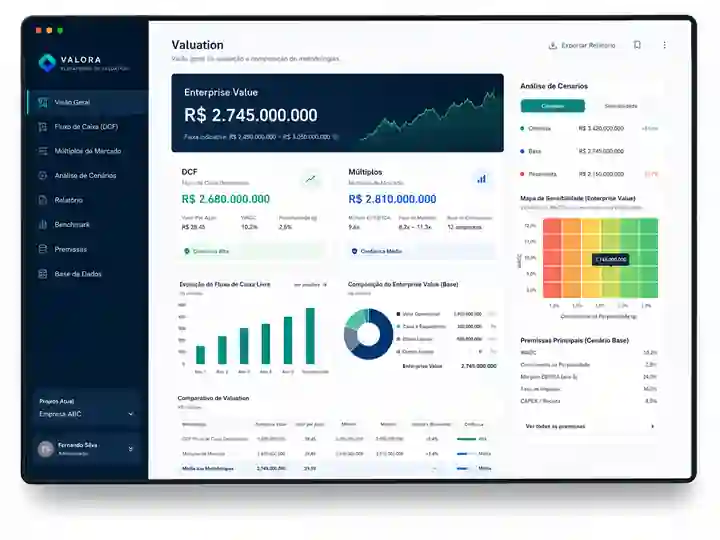 Visual conceitual da interface do Valuation Arcantis com comparação entre metodologias e cenários.